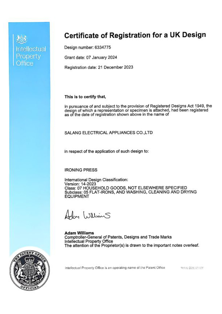 Certificate of Registration for a UK Design